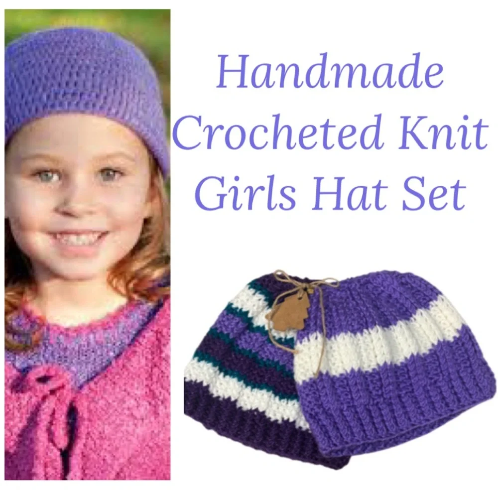 Handmade Crochet Beanie Set Winter Textured Sweater Knit Metallic Purple Aqua